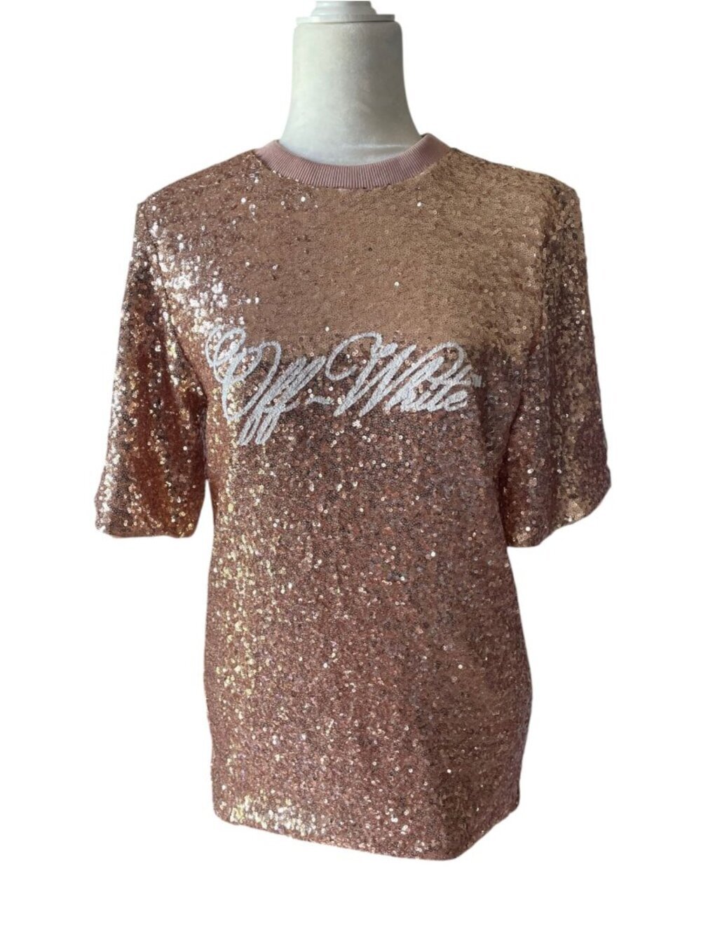 NEW Off-White Short Sleeve Shirt Sequin Rose Gold White Logo Glam Streetwear